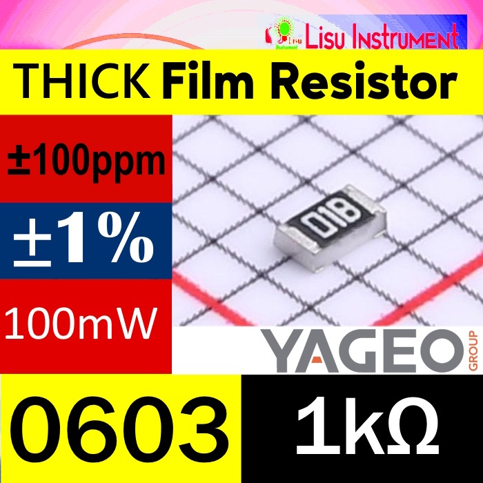 1kΩ 0603 ±1% 100mW 75V ±100ppm/°C ตัวต้านทานฟิล์มหนา 1K 1 01B RC0603FR-071KL YAGEO