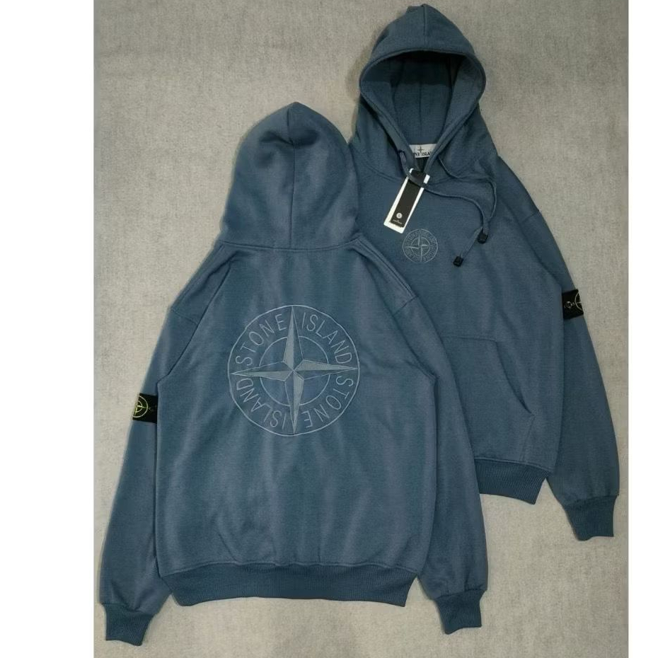 STONE ISLAND เสื้อฮู้ดผู้ชายและผู้หญิงความงาม - เสื้อฮู้ดผ้ายีนส์สีฟ้าเกาะหิน