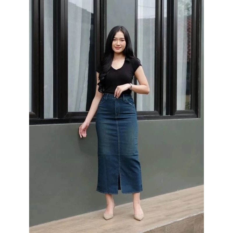 Cessa Long Jeans Span Skirt Strech Skirt