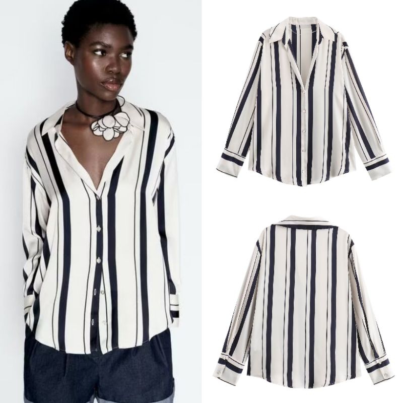 เสื้อเบลาส์ ลายทาง สีขาว ซาติน 76324 (AZ)