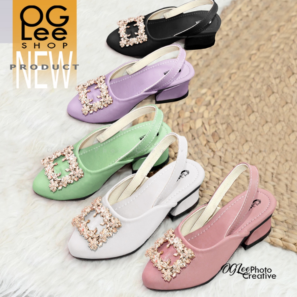 รองเท้าแตะเด็กใหม่ล่าสุด OGLee Shop รองเท้าแตะเด็กผู้หญิง Square Buckle ส้น 3 ซม.