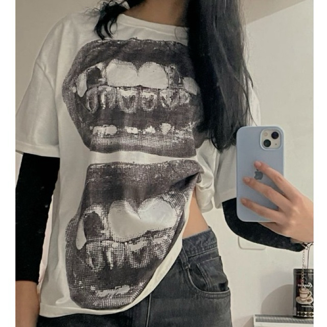 Double grillz tshirt y2k baby tee tshirt retro street vintage ahs สไตล์ stockholm ความงาม