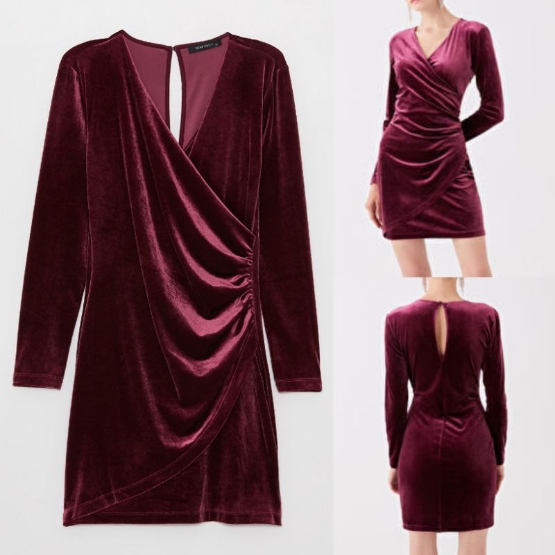 Lc Waikiki Longsleeves เดรสกํามะหยี่เบอร์กันดี