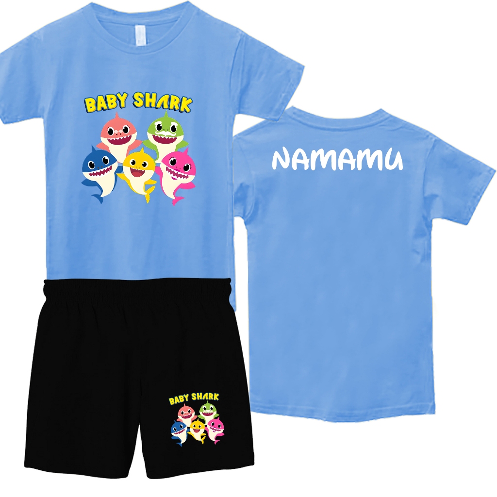 เสื้อยืด Baby Shark สําหรับเด็กพิมพ์ลายชื่อ 2-10 ปี
