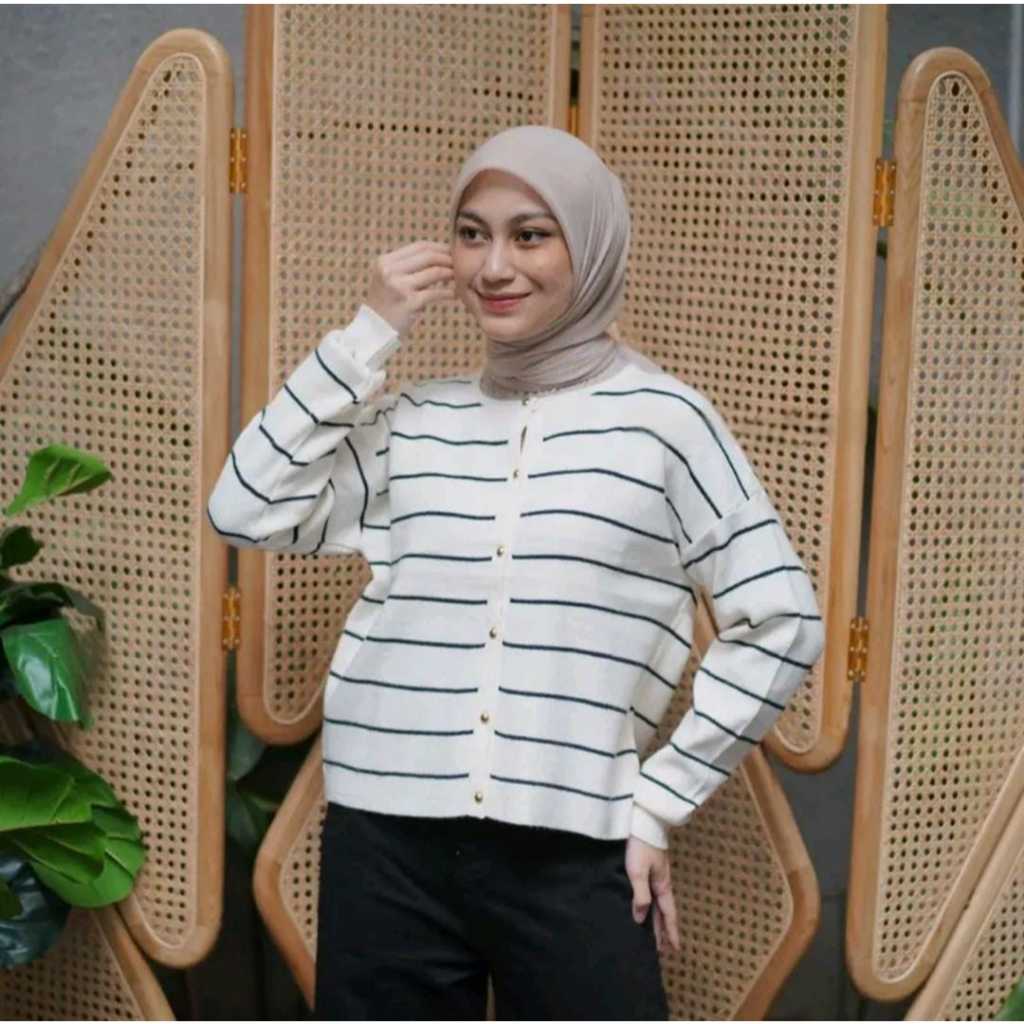 BY MELODY FASHION - ALISA CARDIGAN KNIT STRIPE GOLD BUTTONS PREMIUM KOREA