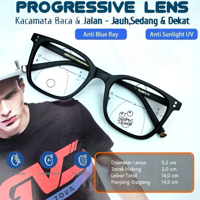 PROGRESSIVE READING AND WALKING GLASSES ANTIRADIATION MOSCOT TRAVIS FRAME