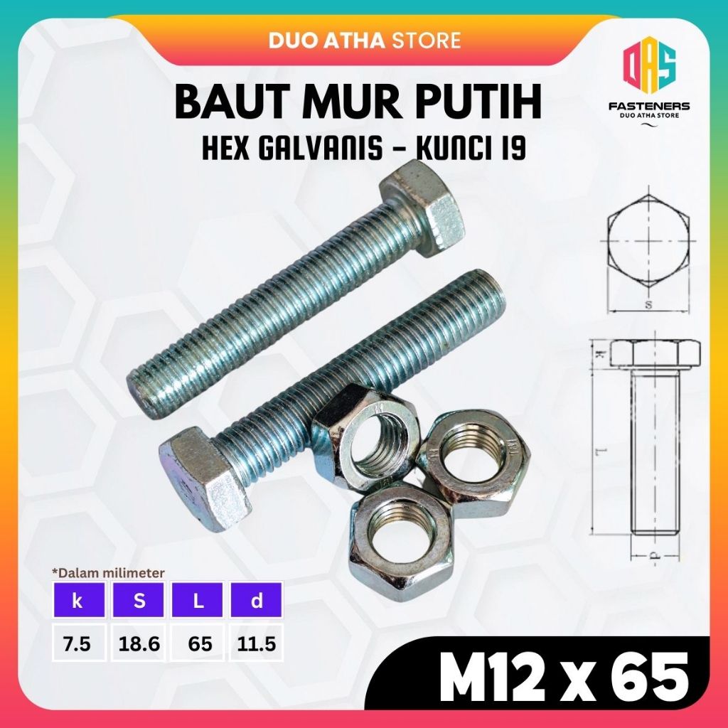 BMP M12x65 น็อตโบลต์สีขาว M12 x 65 สังกะสี