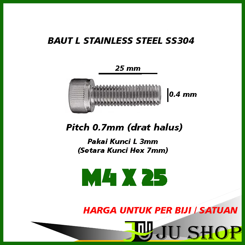 Bolt L M4x25 (SMOOTH) (คีย์ 7MM / 3MM L) สแตนเลส M4 x 25 SS304 (PRICE PER PIECE)