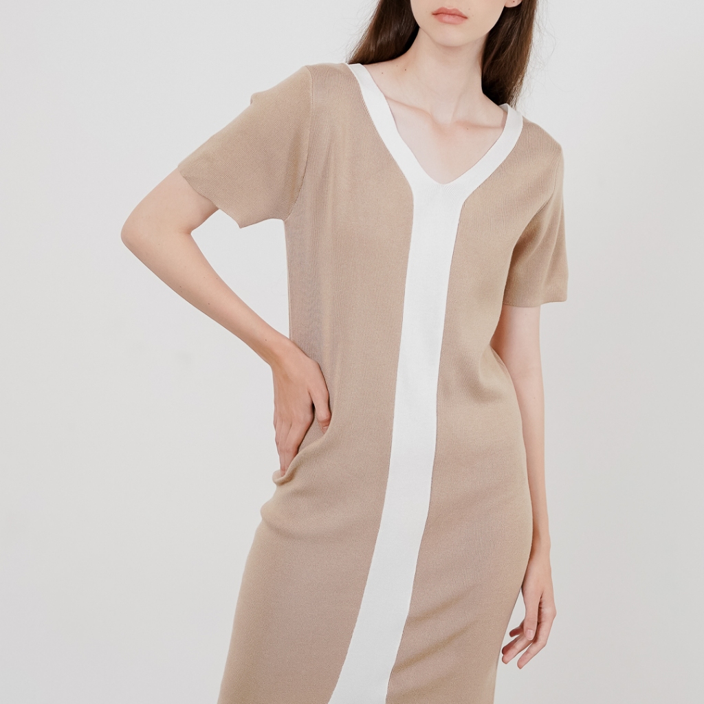 This Is April Elegant Womens Short Sleeve Dress Marcelina Knit Dress Black and Taupe