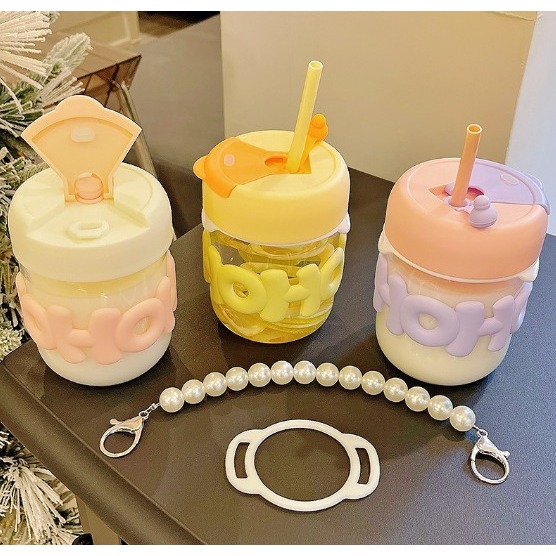 ถ้วยแก้ว HoHo พร้อมหลอดและเชือกมุกฟรี / ไม่ซ้ําใคร Viral น่ารัก แก้วสวย / แก้วไข่มุก Hoho
