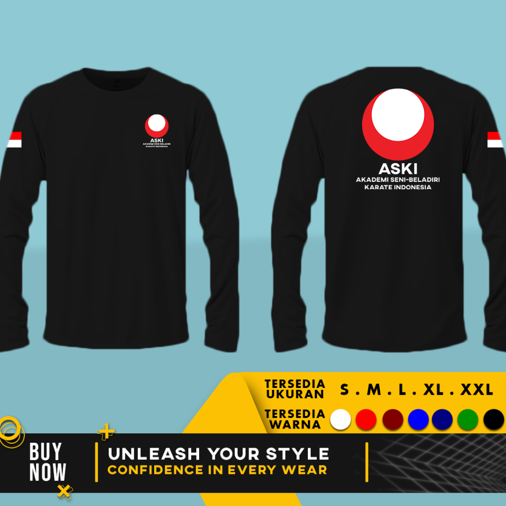 เสื้อยืด ASKI อินโดนีเซียคาราเต้ศิลปะการต่อสู้ Academy | แขนยาว | สําลีหวี 30s
