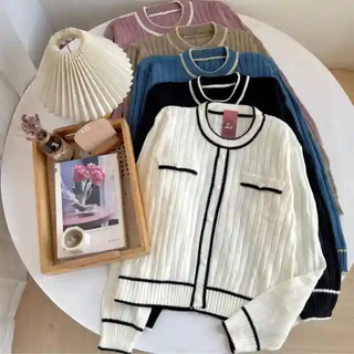 Himawari Cardigan Rajut Salur Motif Kancing Mutiara Lengan Panjang Wanita Kekinian KNIT TOPS KOREAN