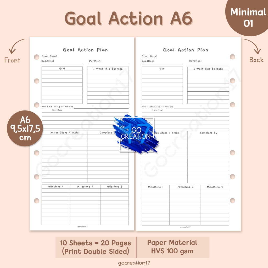 Planner Book Refill Paper Binder Goal Action Simple Minimalist A6