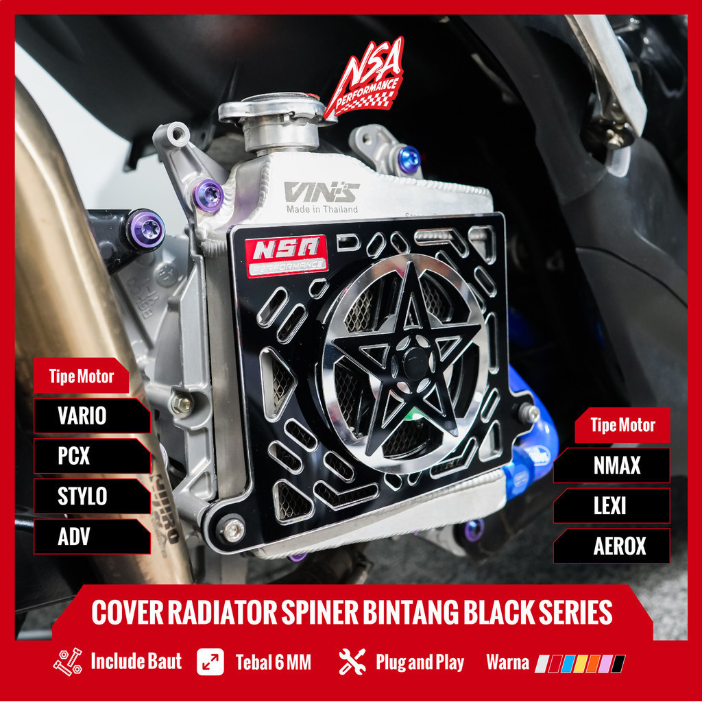 Nsa ฝาครอบหม้อน้ํา SPINER Bintang BLACK SERIES VARIO PCX NMAX AEROX ADV LEXI STYLO ฝาครอบหม้อน้ํา Spinner Star Yamaha Honda 125/150/160 อุปกรณ์เสริมรถจักรยานยนต์ NSA PERFORMANCE