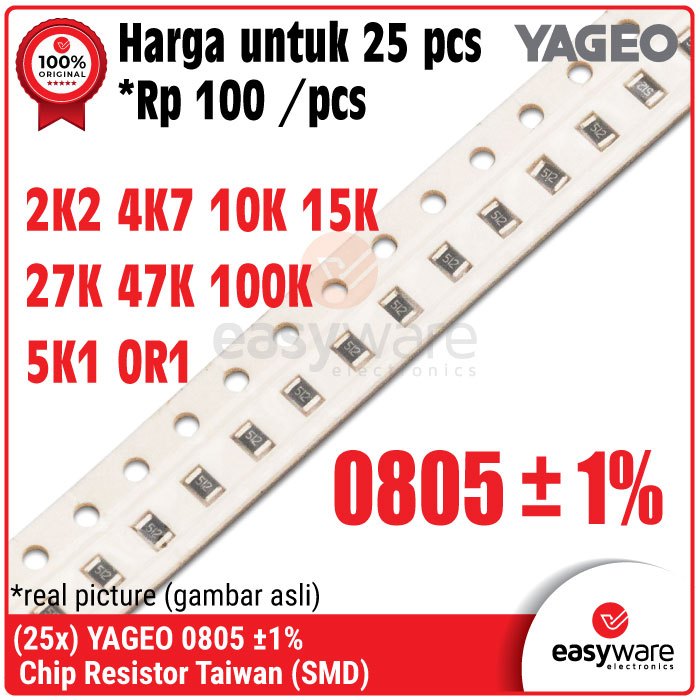 25pcs YAGEO ตัวต้านทานไต้หวัน YAGEO 0805 SMD SMT 1% 0R1 2K2 4K7 5K1 10K 15K 27K 47K 100K Ohm 4.7K Oh