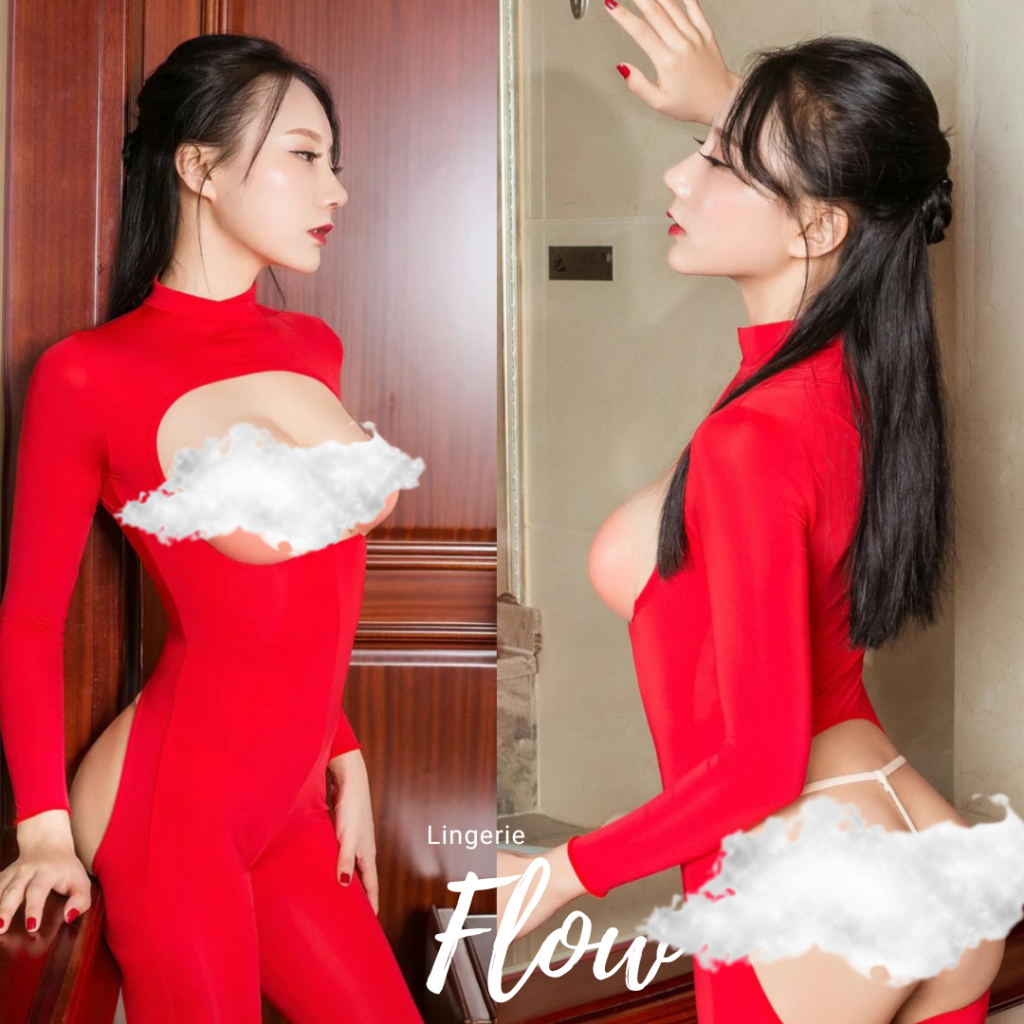 JK1715RD ชุดชั้นในบอดี้สูท Zentai เปิดก้นและเปิด Boob - ชุดบอดี้สูทแขนยาวสีแดง / เครื่องแต่งกาย Zent