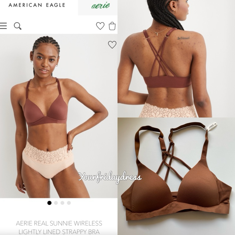 Aerie (American Eagle) Sunny Wireless Lightly lined Strappy braletteเบาะ Plunge WireFree Bra Home Sleep Bh Without Wire Free Bra Small Petite Big Size Coachella Cropped Tank Hippie Croptop Croptop Croptank แบรนด์ส่งออกจากอเมริกา