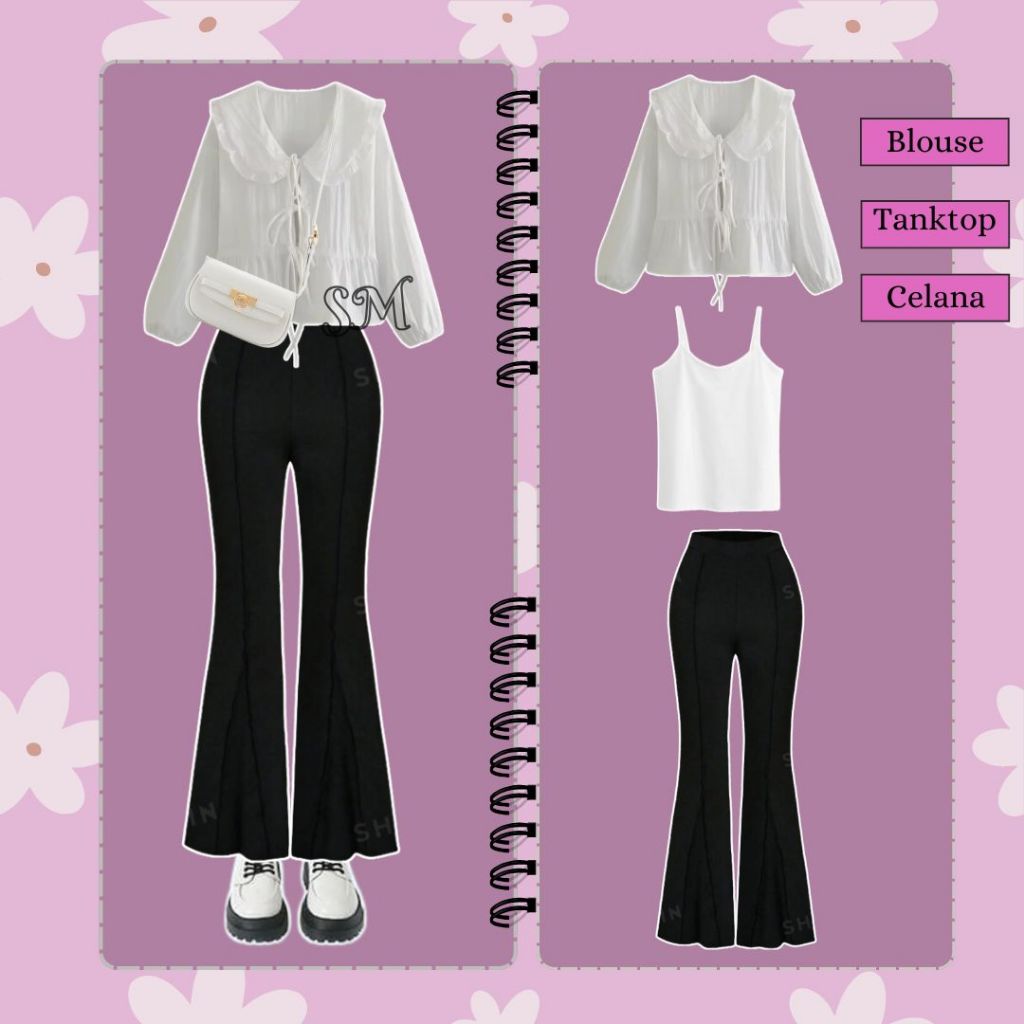 3-in-1 Coquette Ribbon Outfit (Blouse + เสื้อกล้าม + กางเกง) One Set สไตล์เกาหลี |