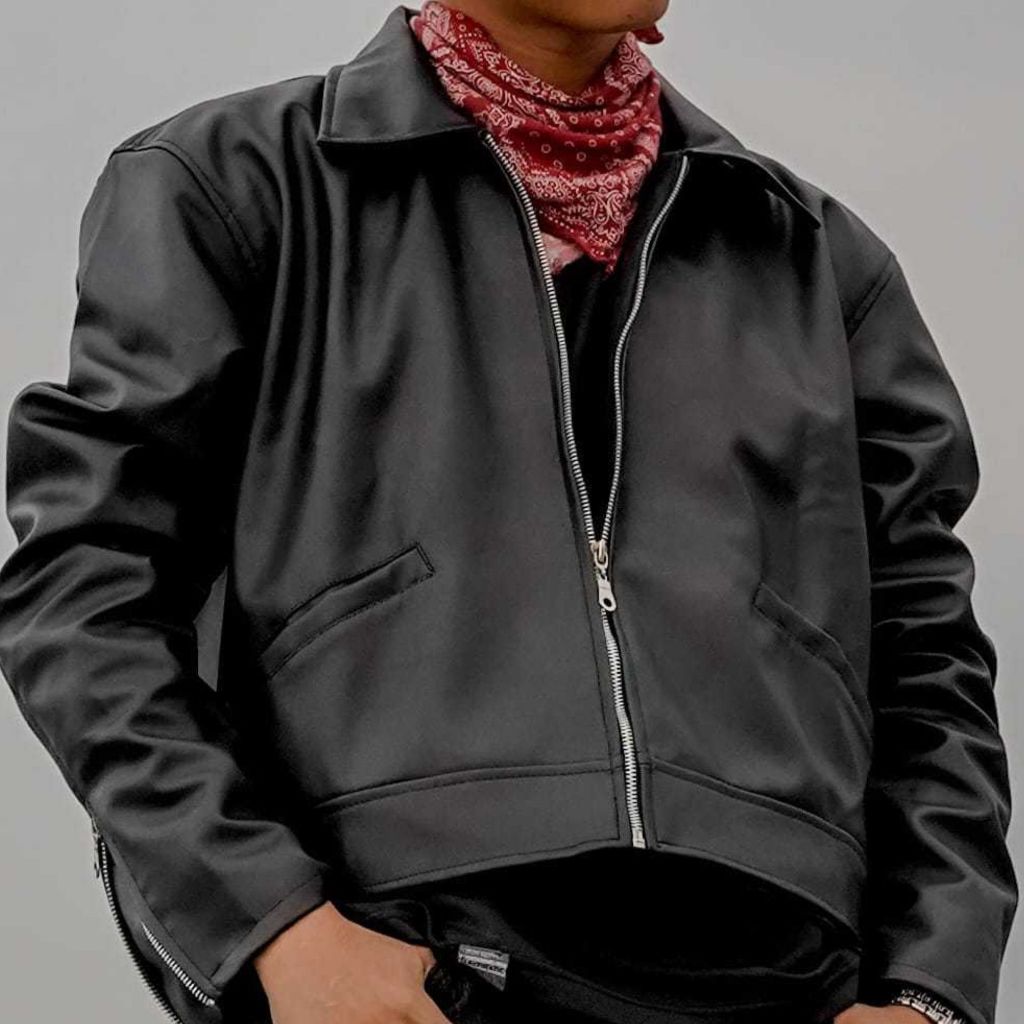 Hot Deal ผู้ชายสีดําหนังสังเคราะห์ Crop Jacket Cool Boxy ซิปสําหรับชายสีดํา Crop Jacket Pu