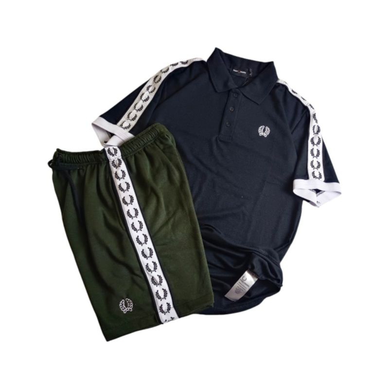 Hitam Fred Perry Taped กางเกงขาสั้นเสื้อโปโลสีดํา