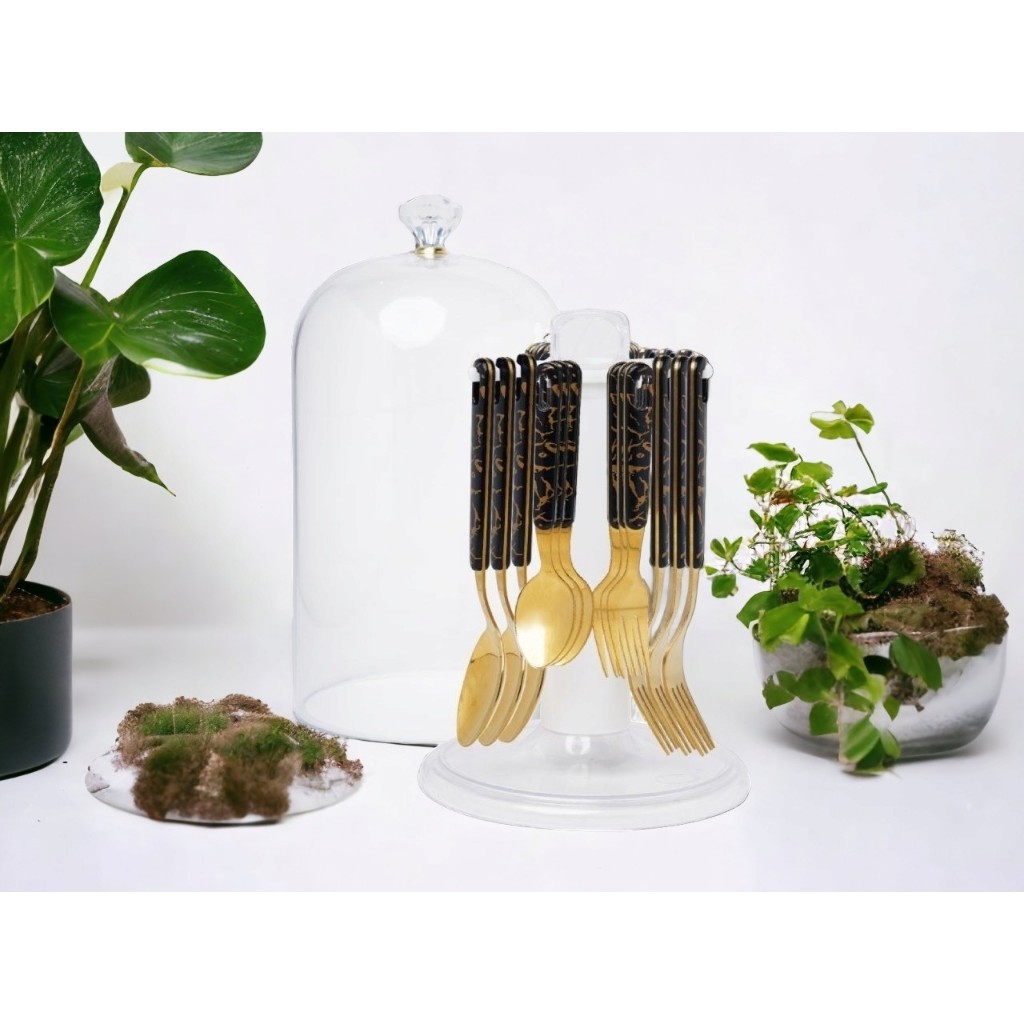 Vicenza I ช้อนและส้อม Vicenza VM248G สีดํา 26 ชิ้น ลายหินอ่อน