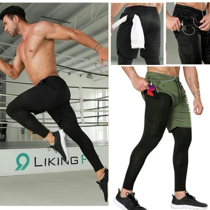 PLAIN DOUBLE LEGGING RUNNING PANTS TWO LAYER RUNNING PANTS