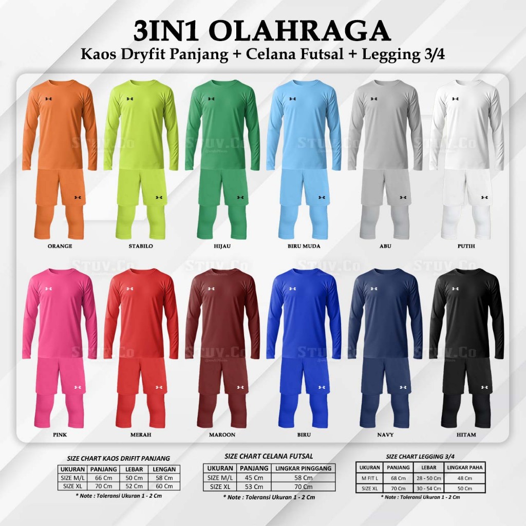 3IN1 SET DRYFIT LONG T-SHIRT SHORT PANTS & 3/4 LEGGINGS INDOOR FITNESS GYM SPORTS