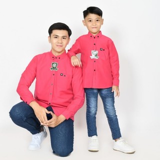 BOY MOM Fuchsia Panjang Poplin Kemeja Polos Couple Ayah Dan Anak Warna Fuchsia Lengan Panjang Katun Poplin Ukuran Dewasa Dan Anak
