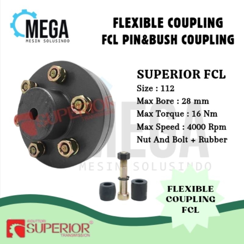 ข้อต่อที่เหนือกว่า FCL 112 - ข้อต่อแบบยืดหยุ่น FCL PIN & BUSH, Nut & Bolt + ยาง (สลักเกลียวข้อต่อยาง