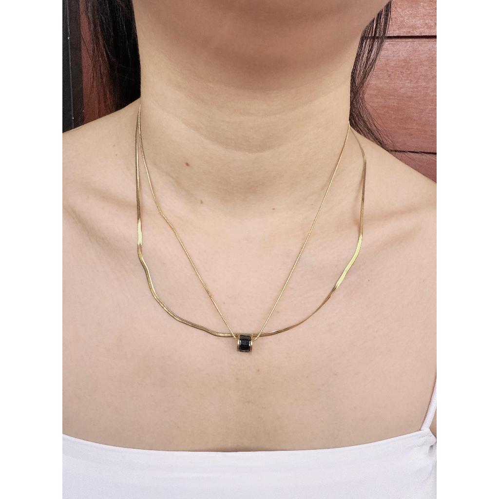 สร้อยคอไทเทเนียมผู้หญิง 2L จี้สีดําป้องกันสนิม 18k Gold / สร้อยคอแฟชั่นเกาหลี K2L001G