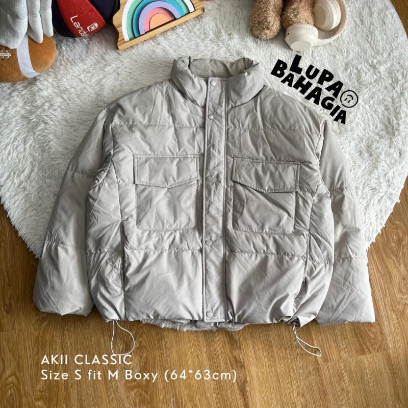 Akiii CLASSIC Light Beige Cream Bubble Goose Down Jacket ไซส์ S fit M Boxy | ต้นฉบับ 100%