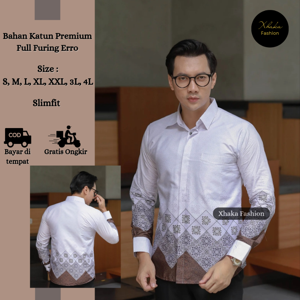 KATUN KEMEJA XHAKA เสื้อเชิ้ตผ้าบาติกผู้ชาย Slimfit พรีเมี่ยมพร้อมซับใน Erro วัสดุผ้าฝ้าย สีน้ําตาล 