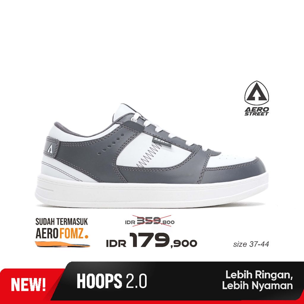 Aerostreet 37-44 Hoops Low 2.0 สีขาว สีเทาเข้ม - รองเท้าผ้าใบลําลอง