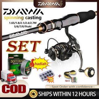 DAIWA Set Pancing 1.8m/2.1m Joran Pancing Umpan Combo pancingan set lengkap Reel Spinning Power Handle Fishing bc murah Kuat Metal Ratio 5.2:1 Lure