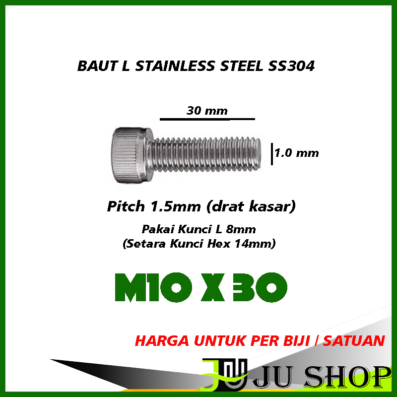 Bolt L M10x30 (SAR) (KEY 14 MM / L key 8MM) สแตนเลส M10 x 30 SS304 (PRICE PER PIECE)
