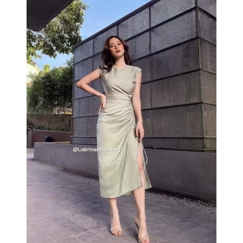 Reona Dress Sabrina Side Drawstring เดรสเกาหลี เดรสจัมโบ้ Ld 90 - 140 Cm