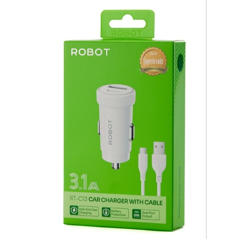 Robot RT-C13 2-Output USB + Type C Car Charger แถมฟรีพร้อมสายชาร์จเร็ว 3.1A Type-C