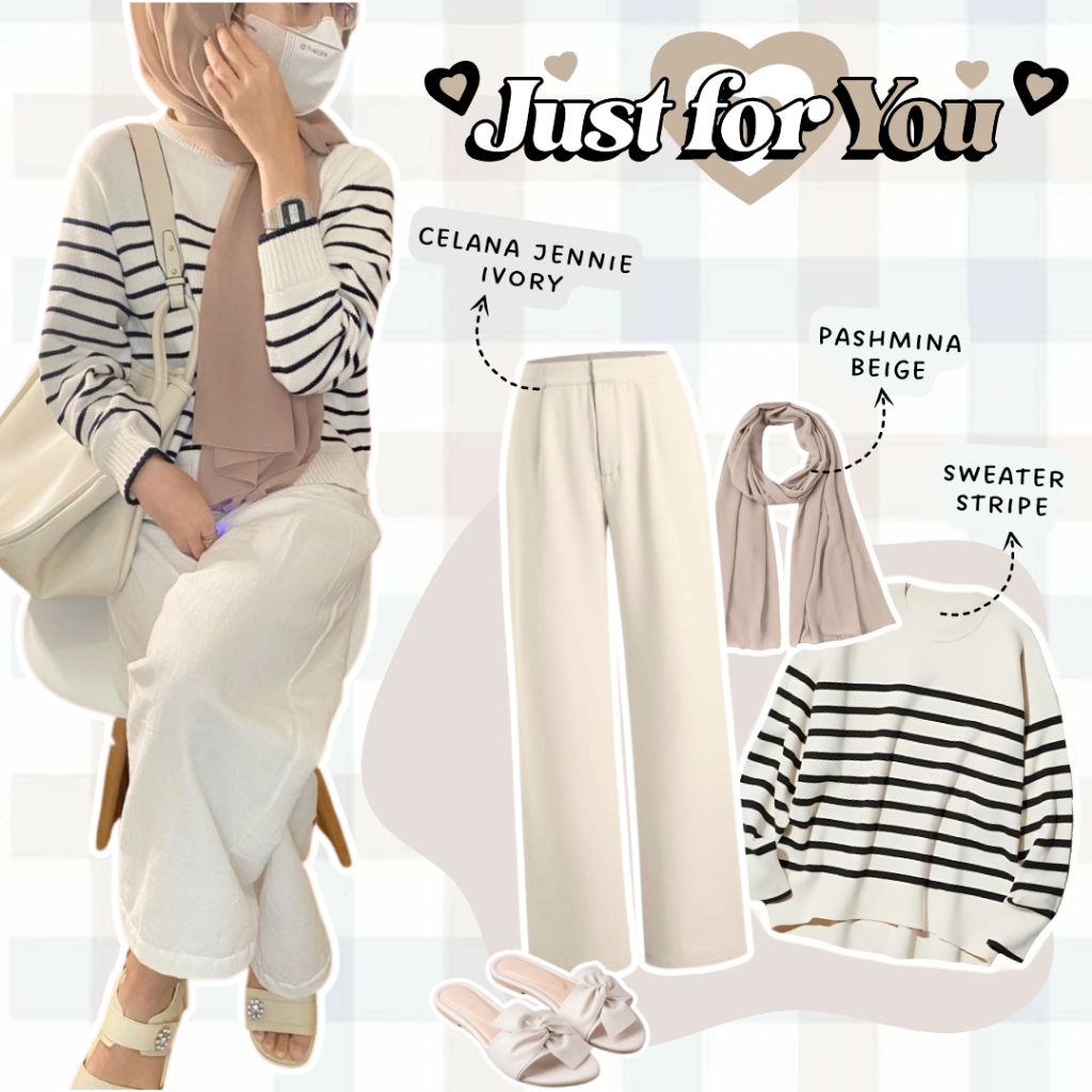 3 IN 1 One Set Outfit (ฮิญาบ, เสื้อกันหนาวลายทาง, กางเกง Jennie เอวสูง) สไตล์เกาหลี - ES90