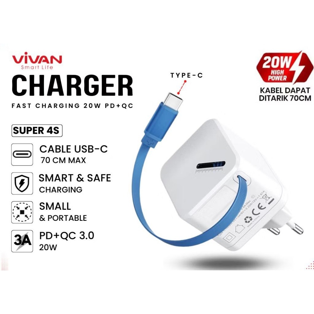 Aa* VIVAN Adaptor Super 4S Batok Charger 20W 3A PD QC 3.0 Integrated Cable Type-C 70CM