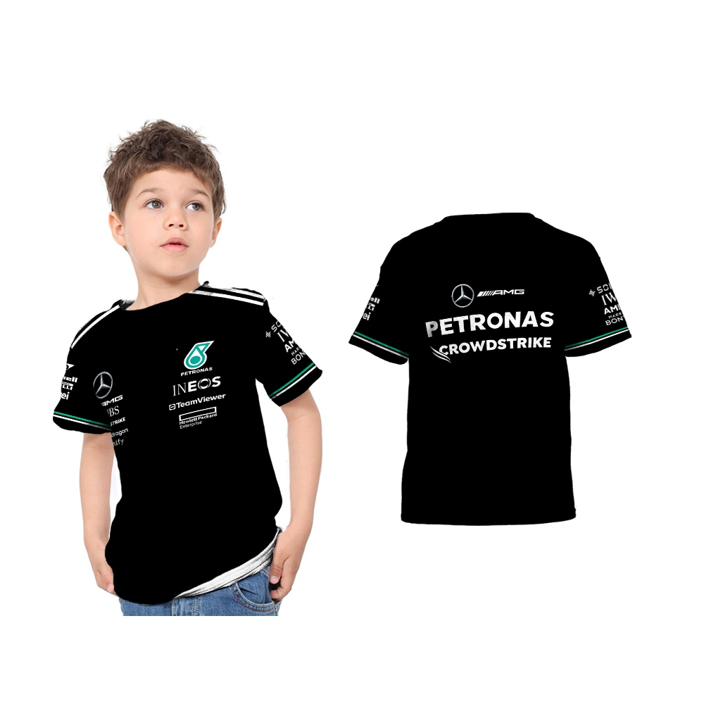 เสื้อยืดเด็ก Jersey F1 Mercedes AMG สีดําสีขาวพิมพ์เต็มแบบกําหนดเอง