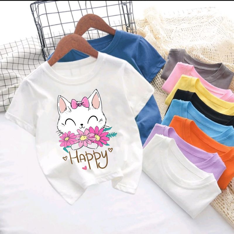 KYT GIRLS SHORT-SLEEVED เสื้อยืด HAPPY CAT PICTURE 092 DIGITAL SCREEN PRINTING SIZE SML XL XXL