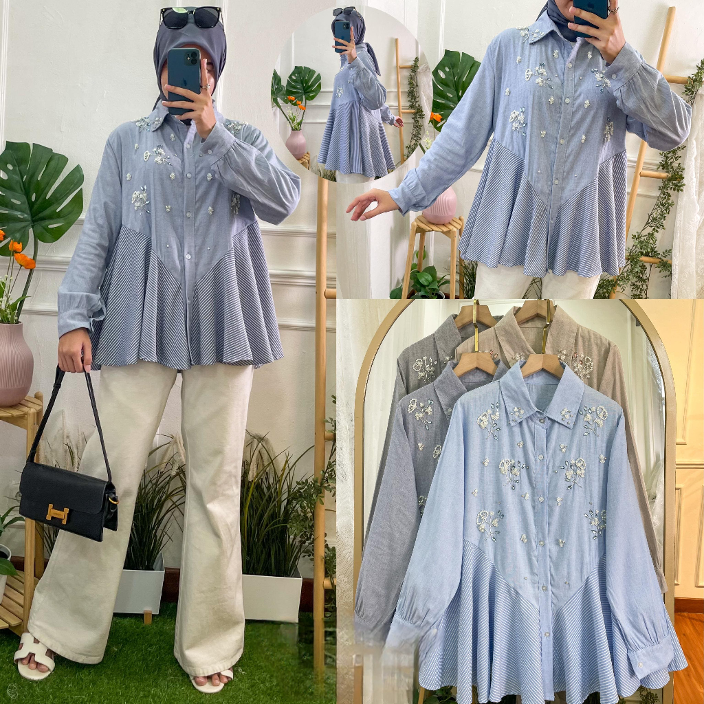 KATUN KEMEJA ZILKA SEWET BLOUSE / Cotton Striped BLOUSE Mix Zara / Plain Pattern Shirt with Vintage 