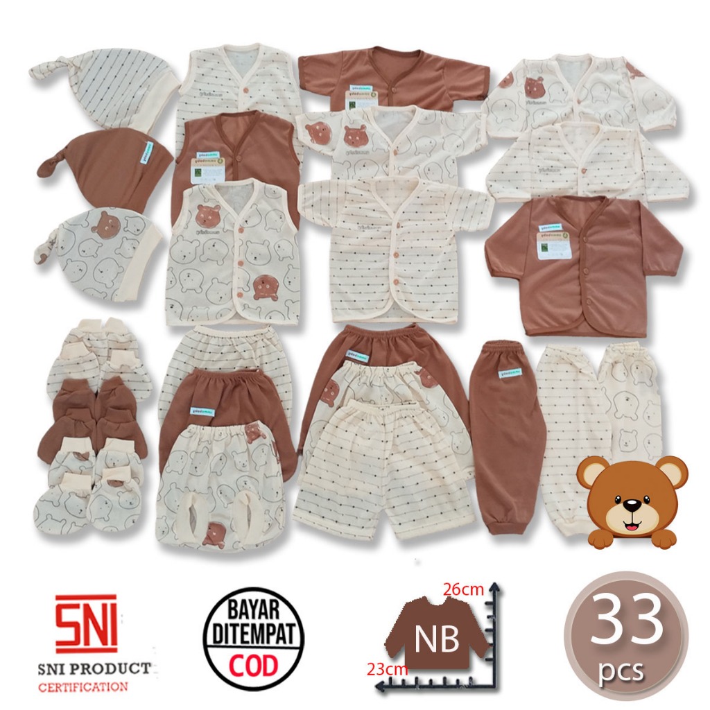 Ummababyshop แพคเกจ 33 ชิ้นเสื้อผ้าเด็กชุดกางเกงขาสั้นยาว Buntung ทารกแรกเกิดชุดของขวัญน่ารัก New Born ถุงมือฟุตหมวกทารกแรกเกิดอุปกรณ์ชายหญิง 0 6 หมีสีน้ําตาล