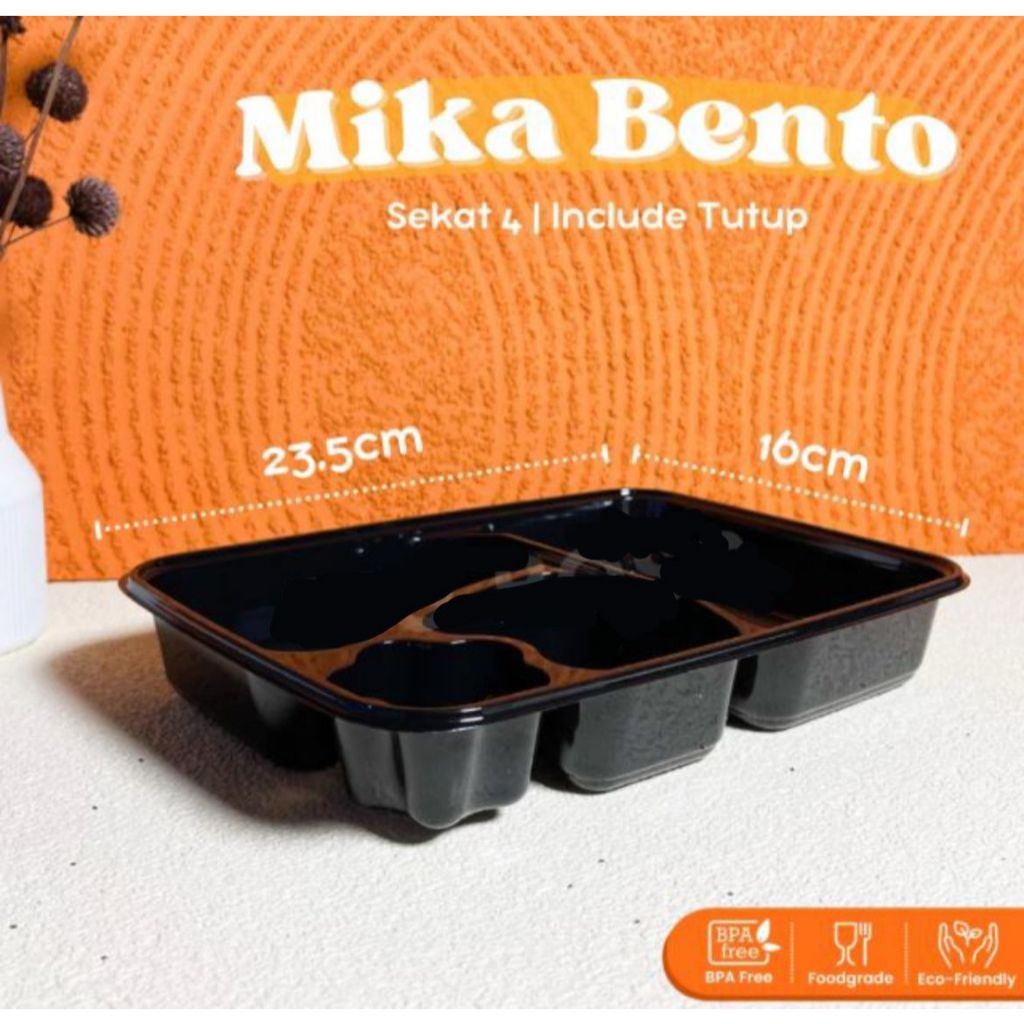 Mika Bento 4 ส่วน + ฝาปิด / Mika Bento Plastic / Mika Bento 4 ส่วน สีดํา / ถาดเบนโตะ