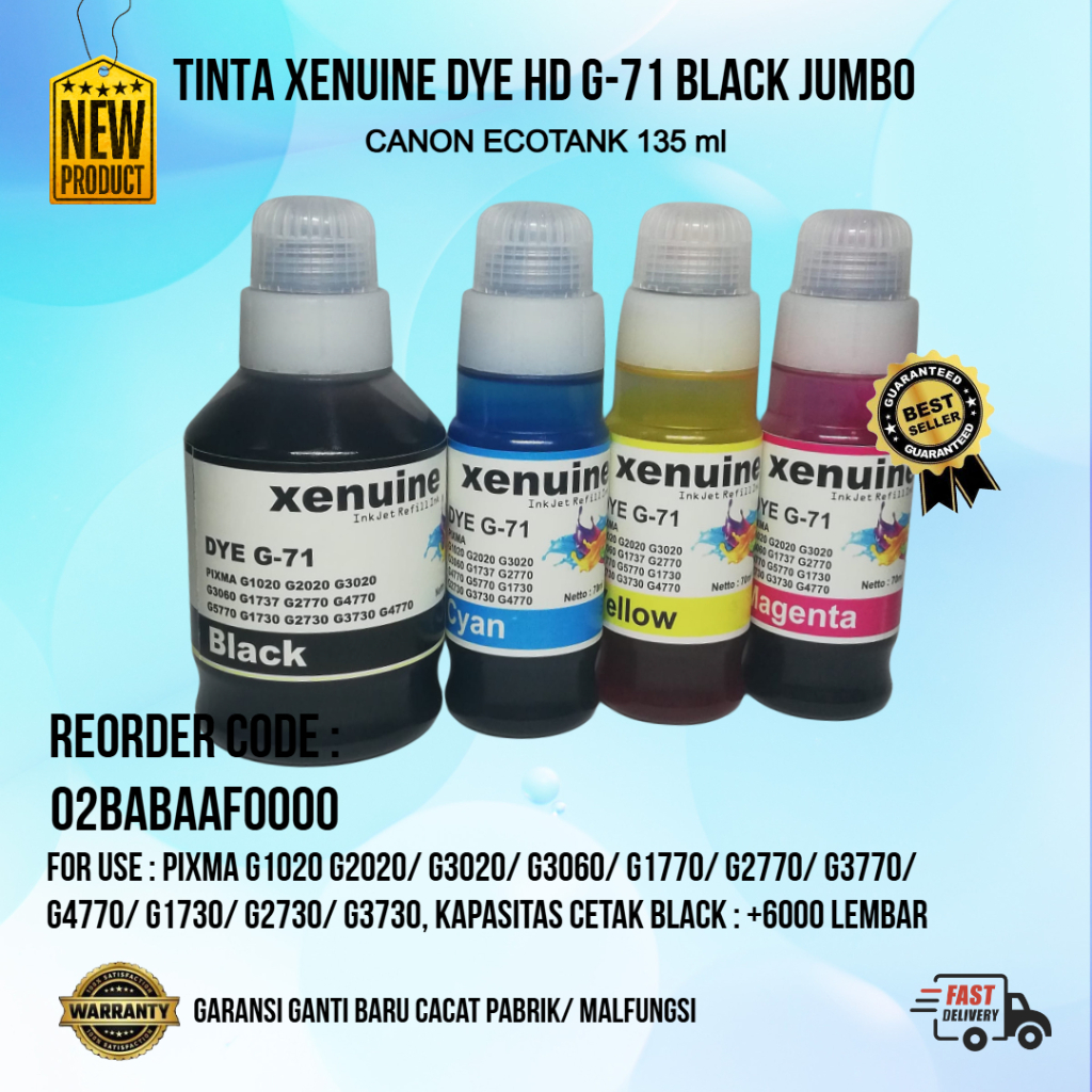 XENUINE DYE HD INK CANON ECOTANK G71 G 71 GI71 GI 71 สําหรับ PIXMA G1020 G2020 G3060 G1737 G2770 G47