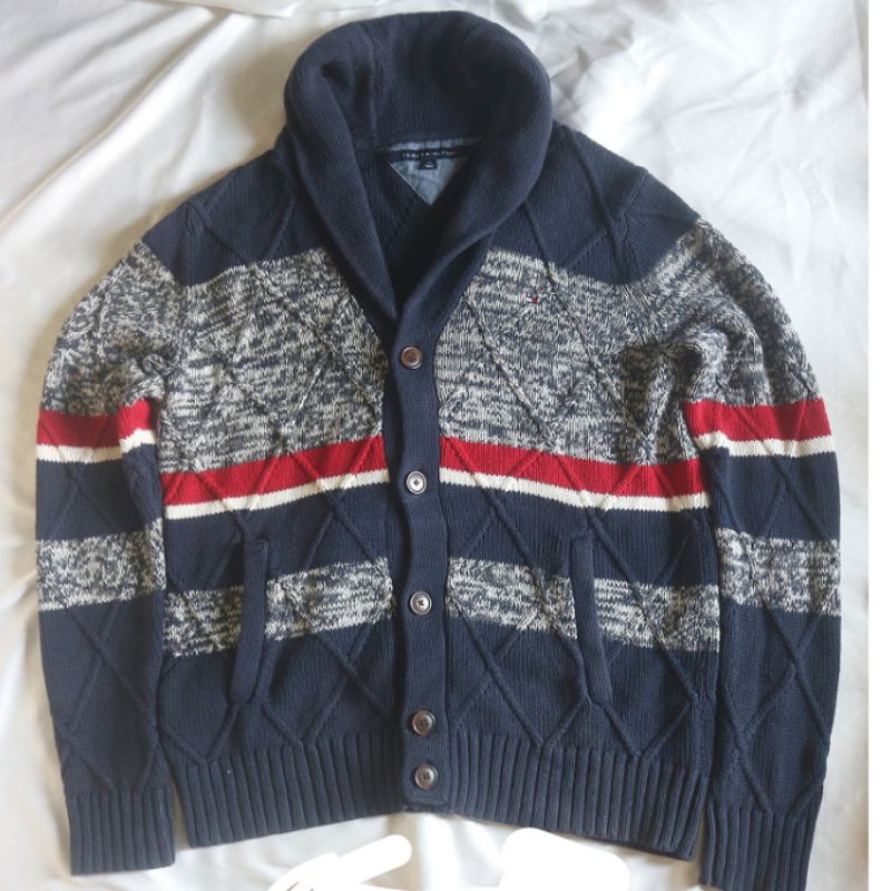 KATUN T0MMY H1LFI1GER คาร์ดิแกนผ้าคลุมไหล่คอปกลายMulticolor Navyผ้าฝ้ายหนาลบถักเสื้อกันหนาวCrewneckถ