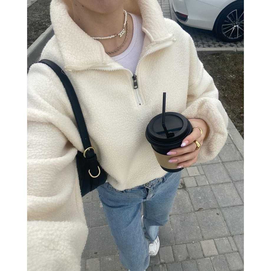 Half Zip Crop Sherpa Fleece Sweater