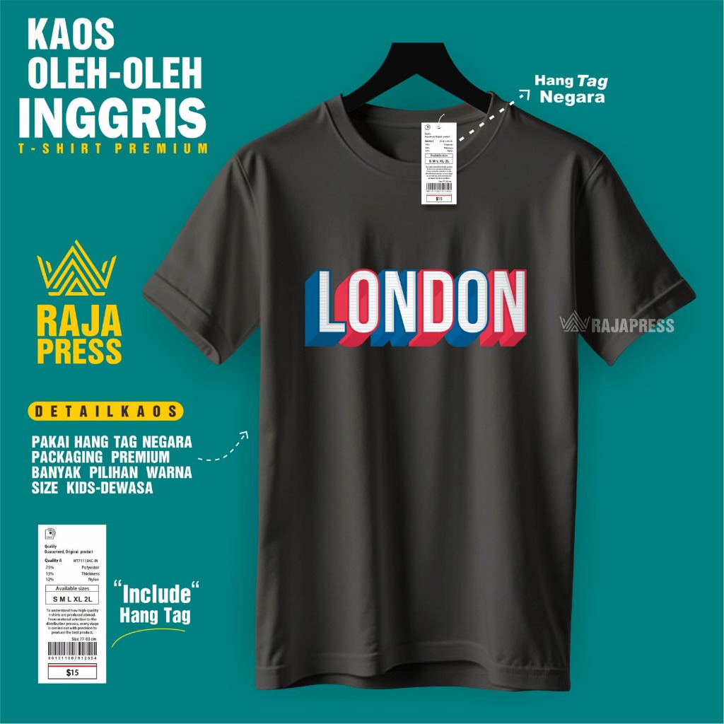 เสื้อยืด ENGLAND LONDON SOUVENIR พร้อมแท็กแขวนระดับพรีเมียมผลิตในของขวัญ SOUVENIR