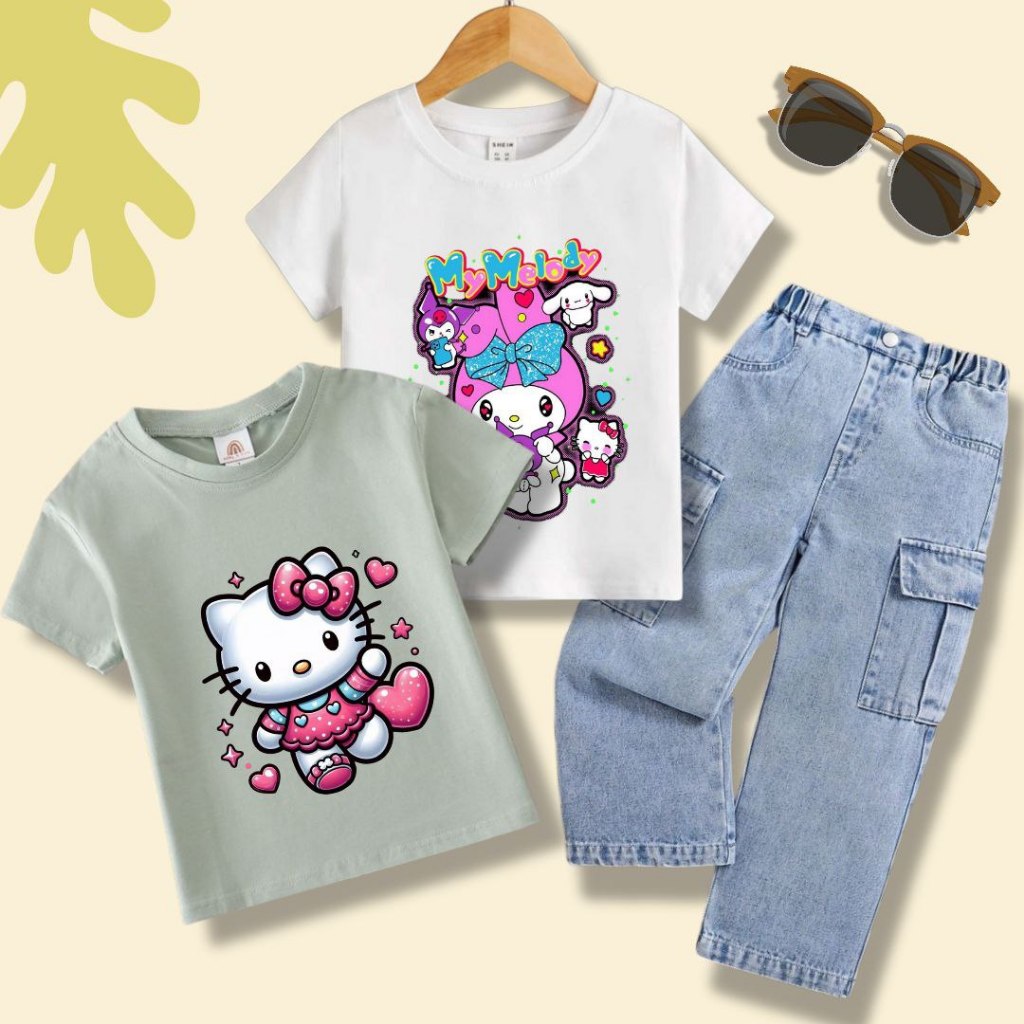 GIRLS SET CARGO PANTS JEANS KUROMI T-SHIRTS AGE 1-7 YEARS