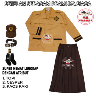JUARAGAM Setelan Super Lengkap Seragam Pramuka Siaga Sekolah SD Perempuan Baju Panjang Rok Panjang Kelas 1-6 SD